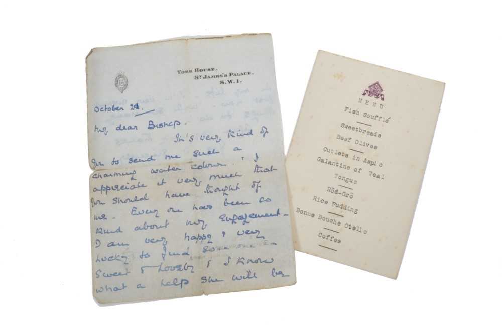 Lot 24 - H.R.H. Prince George The Duke of Kent , handwritten double sided letter on York House headed writing paper, dated October 24 th