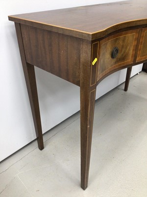 Lot 932 - Georgian style inlaid mahogany serpentine fronted serving table with three drawers on square taper legs, 122.5cm wide, 49cm deep, 87.5cm high