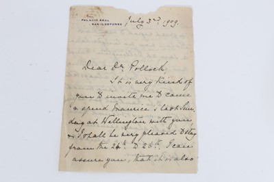 Lot 26 - H.R.H. Princess Beatrice , handwritten double sided letter to Reverend Pollock - Headmaster of Wellington College dated July 3rd 1909 written on Palacios Real, San Ildefonso headed writing paper.