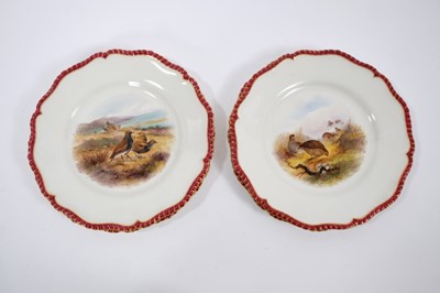 Lot 179 - Fine quality Royal Worcester sporting service, painted with various British birds, with maroon and gilt patterned rims, to include a platter, tureen and stand, two small serving dishes and twelve p...