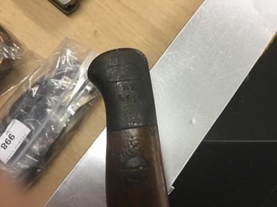 Lot 975 - Scarce First World War 1907 pattern bayonet with hooked quillion, fullered steel blade retaining almost all original finish, stamped Sanderson, 10' 08, in brown leather scabbard, stamped H.G.R. 08