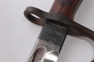 Lot 975 - Scarce First World War 1907 pattern bayonet with hooked quillion, fullered steel blade retaining almost all original finish, stamped Sanderson, 10' 08, in brown leather scabbard, stamped H.G.R. 08
