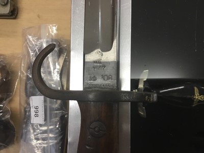 Lot 975 - Scarce First World War 1907 pattern bayonet with hooked quillion, fullered steel blade retaining almost all original finish, stamped Sanderson, 10' 08, in brown leather scabbard, stamped H.G.R. 08