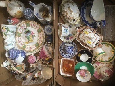 Lot 194 - Two boxes of china and ornaments to include Crown Staffordshire porcelain vases with jewelled decoration, teawares etc