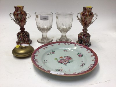 Lot 1021 - Pair of Georgian glass rummers, 18th century Chinese Export porcelain famille rose plate, pair of Victorian 'end of day' glass vases and a brass Brighton bun candlestick