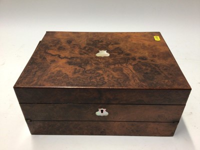 Lot 2289 - Victorian burr walnut veneered needlework box, Victorian mother of pearl inlaid rosewood writing box and one ther Victorian rosewood veneered box