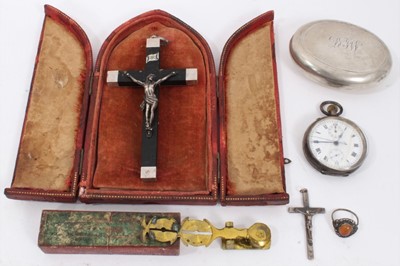 Lot 100 - Edwardian silver snuff box, silver pocket watch, Georgian brass pocket sovereign scales, silver mounted and ebony crucifix icon, one other silver crucifix pendant and a silver dress ring