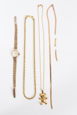 Lot 101 - Ladies 9ct gold Rotary wristwatch, 9ct gold teddy bear pendant on chain and two 9ct gold chains