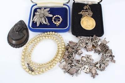 Lot 108 - Silver charm bracelet and costume jewellery to include simulated pearl necklace