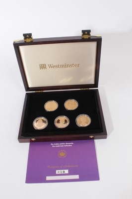 Lot 380 - East Caribbean States - The Westminster issued limited edition 'Five Golden Jubilee Monarchs' Ten Dollars Gold set of five coins 2002, specifications - diameter 38.61mm, weight 39.94gm, metal 22 ca...