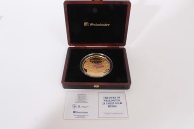 Lot 382 - G.B. The Duke of Wellington 24 carat Gold Medal, specifications - diameter 65mm, weight 5oz Obv: Britannia, Ref: Duke of Wellington - Edition limit: 20 (N.B. cased with Certificate of Authenticity)