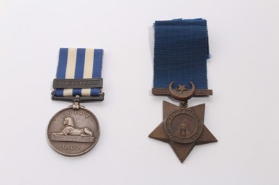 Lot 651 - Victorian Egypt medal pair comprising Egypt medal 1882 - 89, dated 1882, with one clasp- Tel - El - Kebir (naming erased), together with a Khedive's Star, dated 1882 (2)