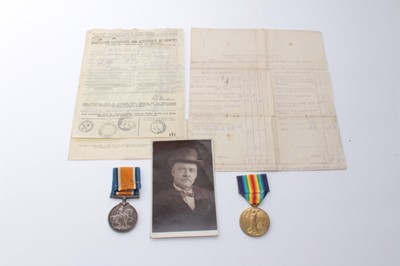 Lot 666 - First World War pair comprising War and Victory medals named to 3387. GNR. J. Davies. R.A. together with related paperwork and a later photograph of John Davies