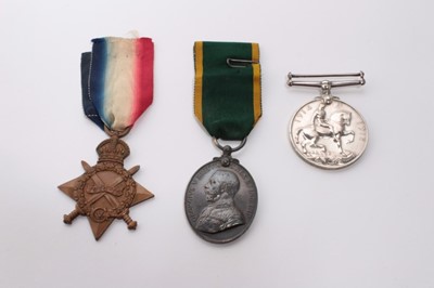 Lot 667 - First World War 1914 - 15 Star named to CH. 11708. PTE. J. Holmes. R.M.L.I., First World War, War medal (naming erased) and a George V Territorial Force Efficiency medal named to 438012 SPR. J.H. W...