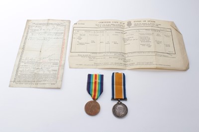 Lot 670 - First World War pair comprising War and Victory medals named to 22103 PTE. J. Smith R. War. R. together with period paperwork and a photograph of John Smith