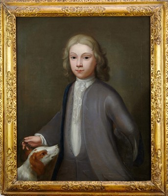 Lot 1066 - Attributed to Thomas Ross, mid-eighteenth century oil on canvas – portrait of a boy wearing grey coat with waistcoat with his spaniel beside in carved period giltwood frame, 76cm x 61cm