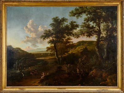 Lot 1131 - Dirk Van Dalens II (1659-1688), large oil on canvas in gilt frame – figures on a track in an extensive landscape, fountain and a grove beyond, indistinctly inscribed on rim of fountain, 99cm x 136c...