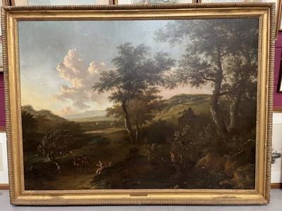 Lot 1131 - Dirk Van Dalens II (1659-1688), large oil on canvas in gilt frame – figures on a track in an extensive landscape, fountain and a grove beyond, indistinctly inscribed on rim of fountain, 99cm x 136c...