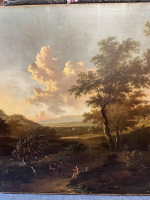 Lot 1131 - Dirk Van Dalens II (1659-1688), large oil on canvas in gilt frame – figures on a track in an extensive landscape, fountain and a grove beyond, indistinctly inscribed on rim of fountain, 99cm x 136c...