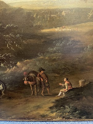 Lot 1131 - Dirk Van Dalens II (1659-1688), large oil on canvas in gilt frame – figures on a track in an extensive landscape, fountain and a grove beyond, indistinctly inscribed on rim of fountain, 99cm x 136c...