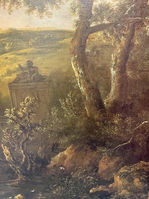 Lot 1131 - Dirk Van Dalens II (1659-1688), large oil on canvas in gilt frame – figures on a track in an extensive landscape, fountain and a grove beyond, indistinctly inscribed on rim of fountain, 99cm x 136c...