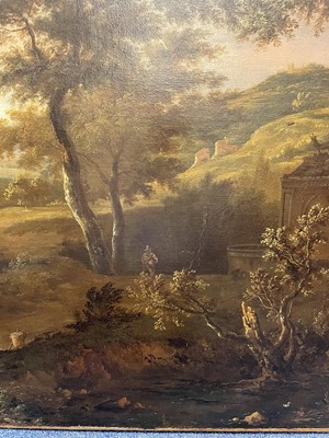 Lot 1131 - Dirk Van Dalens II (1659-1688), large oil on canvas in gilt frame – figures on a track in an extensive landscape, fountain and a grove beyond, indistinctly inscribed on rim of fountain, 99cm x 136c...