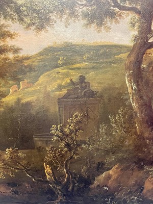 Lot 1131 - Dirk Van Dalens II (1659-1688), large oil on canvas in gilt frame – figures on a track in an extensive landscape, fountain and a grove beyond, indistinctly inscribed on rim of fountain, 99cm x 136c...