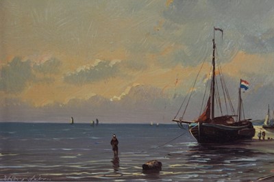 Lot 1068 - Van de Salm, oil on board in gilt frame – Dutch coastal scene with fishing boat, signed with scratched signature, 20cm x 30cm