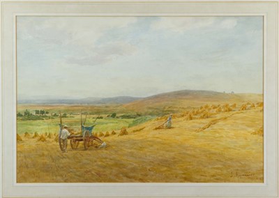 Lot 1073 - J Aumonier watercolour in glazed gilt frame – harvest scene, signed