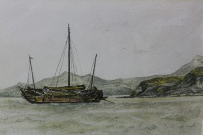 Lot 224 - Sir Rutherford Alcock (1809-1897) pencil and watercolour - Junk off headland at the Woofoomun