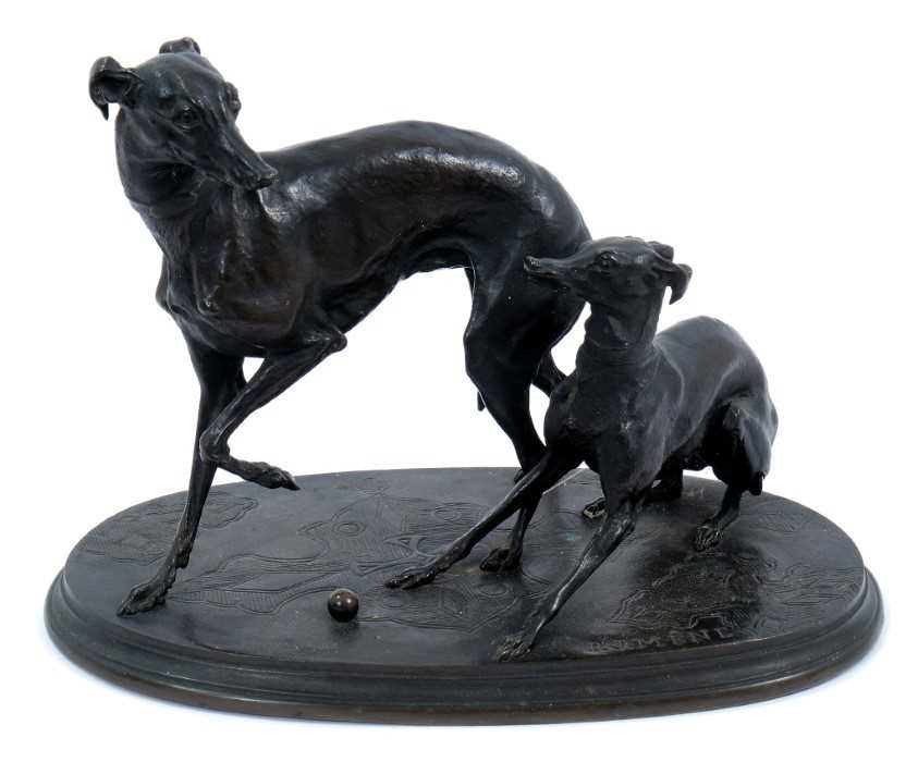 Lot 800 - After Pierre-Jules Mene:(1810-1879):  bronze sculpture of two greyhounds