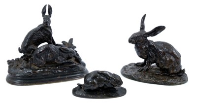 Lot 803 - After Jules Moigniez (1835-1894): miniature bronze sculpture - two rabbits, two further bronze rabbits