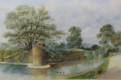 Lot 1031 - William John Wilcox (1839-1928) watercolour - The Moat, Bishops Palace, Wells, 19.5cm x 22.5cm, in glazed gilt frame 
Provenance: David Ker Fine Art, London