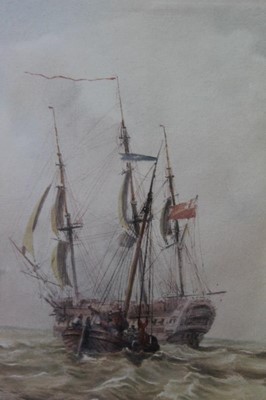 Lot 1032 - Samuel Owen (1768-1857) watercolour - a frigate and a fishing boat at sea, 22cm x 19.5cm, in glazed gilt frame  
Provenance: J. Morton Lee Fine Watercolours