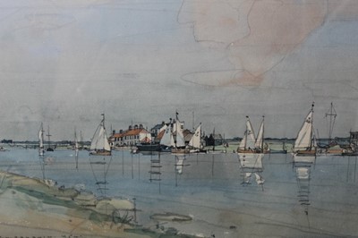 Lot 1033 - Frederick William Baldwin (1899-1984) pencil and watercolour - Getting ready for racing at Southwold, signed and dated 1954, inscribed verso, 29cm x 39cm