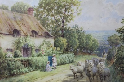 Lot 1034 - Henry J. Rhodes, 19th century watercolour - sheep passing a country cottage with children looking on, signed, 26cm x 37cm, in glazed gilt frame