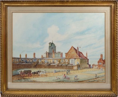 Lot 1035 - Major General Walter Carteret Carey (1853-1932) watercolour - a view of 'The old Clock Tower seen over The Horseshoe Cloisters facing the West Window of St George's Chapel, Windsor' mongramed and d...