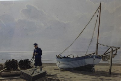 Lot 1037 - Eric Ronald Scott (1904-1960) watercolour - Fisherman on Dunwich Beach, signed, 26.5cm x 37.5cm, in glazed frame