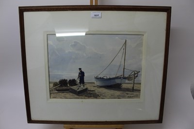 Lot 1037 - Eric Ronald Scott (1904-1960) watercolour - Fisherman on Dunwich Beach, signed, 26.5cm x 37.5cm, in glazed frame