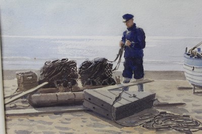 Lot 1037 - Eric Ronald Scott (1904-1960) watercolour - Fisherman on Dunwich Beach, signed, 26.5cm x 37.5cm, in glazed frame
