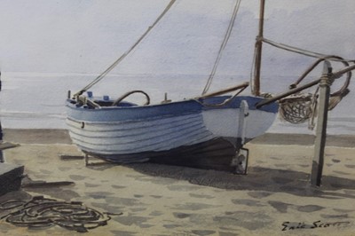 Lot 1037 - Eric Ronald Scott (1904-1960) watercolour - Fisherman on Dunwich Beach, signed, 26.5cm x 37.5cm, in glazed frame