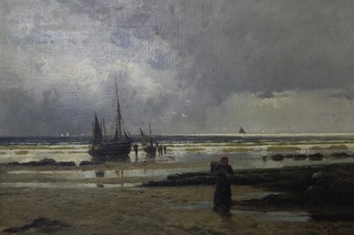 Lot 1043 - J. Alexander, 19th century, oil on canvas - fisherfolk on the shore, signed, 30cm x 45cm, in gilt frame