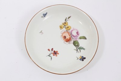 Lot 194 - Meissen saucer, c.1755, polychrome painted with floral sprays, painted rim, crossed swords mark to base, 13.25cm diameter