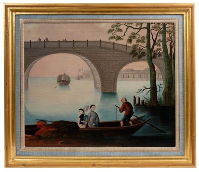 Lot 820 - Anglo Chinese school, 18th / 19th century, oil on canvas, riverscape with figures