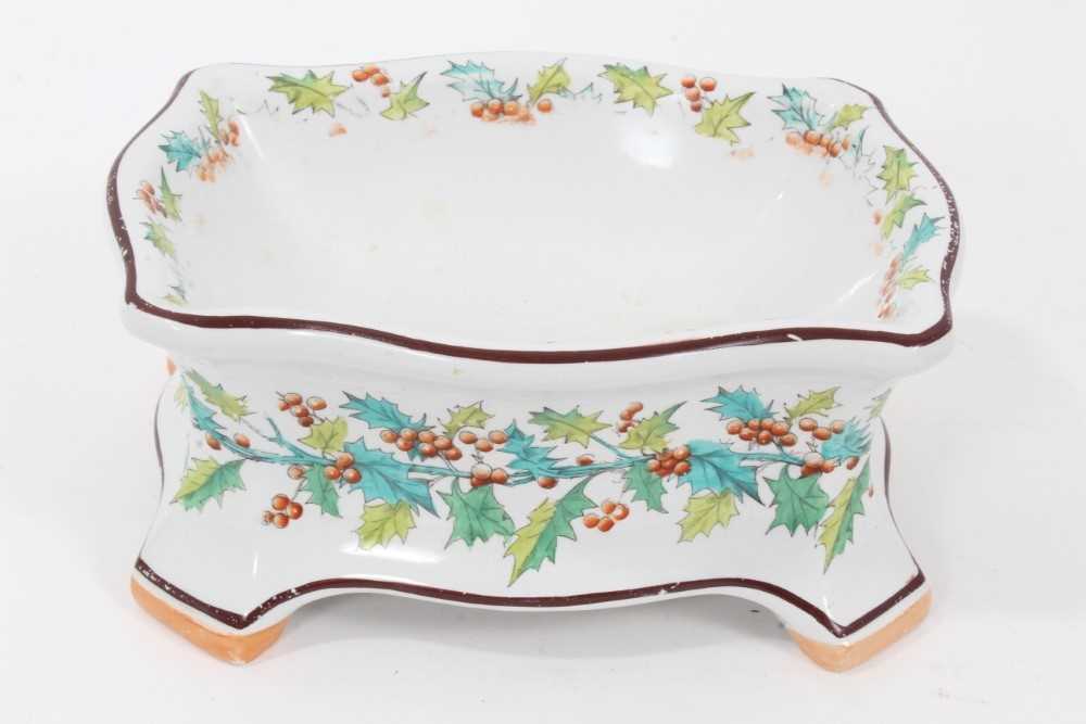 Lot 237 - Rare mid Victorian earthenware Christmas dog bowl with a hand painted over transfer holly and berry design, circa 1850, possibly Copeland Spode. Pattern number 4  3254. Approximately 19cm x 14.5cm...