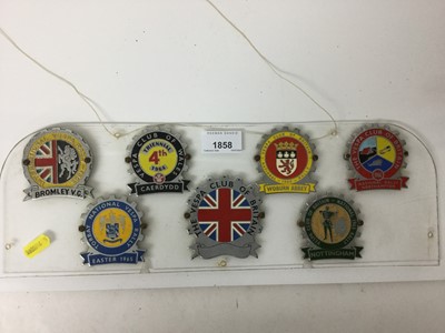 Lot 1858 - Collection of seven 1960s Vespa Club rally badges mounted on a Perspex screen.