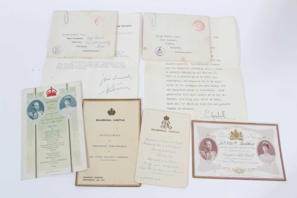 Lot 32 - A group of Royal ephemera comprising King George V invitation to a Supper and ball at Balmoral to celebrate the Coronation 1911 and menu for same, Balmoral Castle King George V menu card dated 11th...