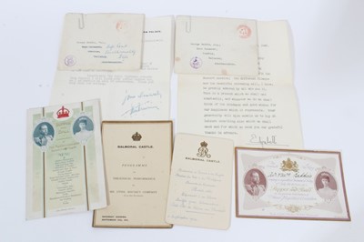 Lot 32 - A group of Royal ephemera comprising King George V invitation to a Supper and ball at Balmoral to celebrate the Coronation 1911 and menu for same, Balmoral Castle King George V menu card dated 11th...