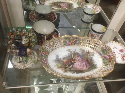 Lot 292 - Meissen style basket, Derby figure of the tailor, Sampson armorial cup, imari cup and saucer and another saucer