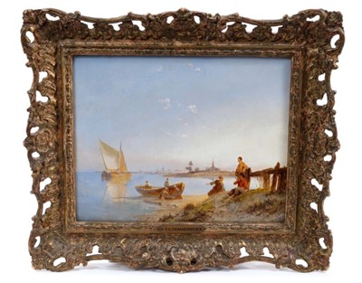 Lot 1133 - P C Dommersen oil on panel, figures beside a river